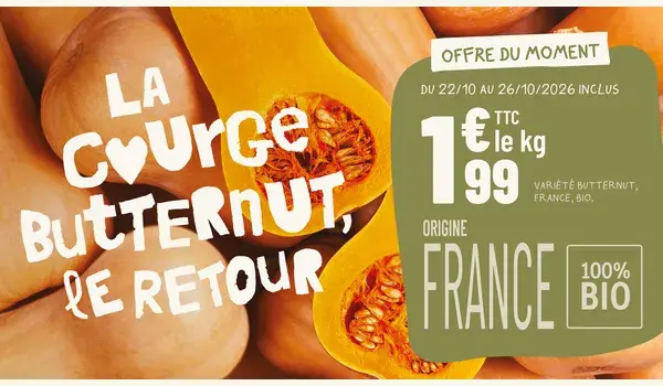 La butternut bio française à 1,99 € le kg du 22 au 26 octobre !